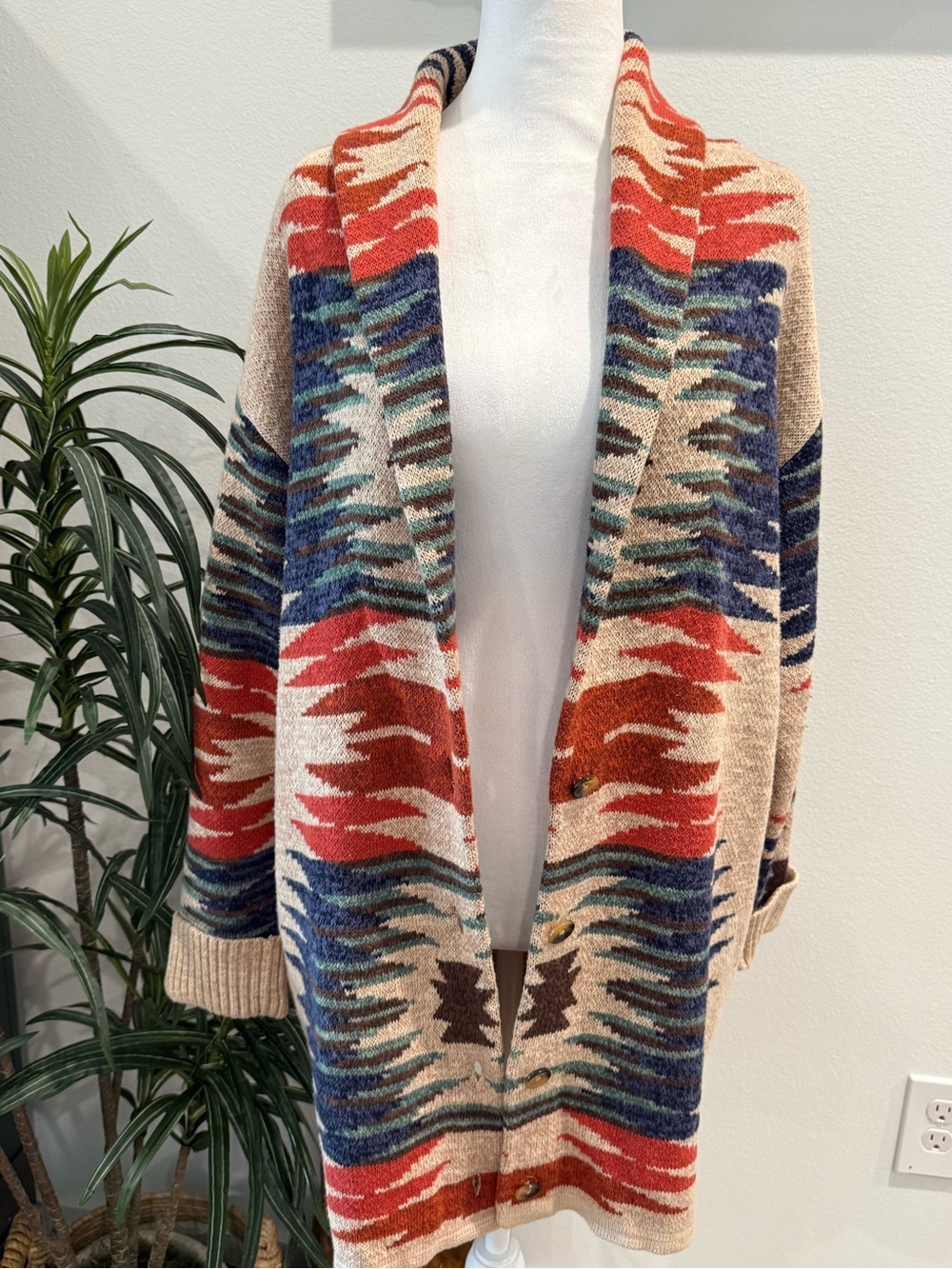 Lucky Brand Women's Southwestern Sweater Long Cardigan Aztec Inspired Winter L